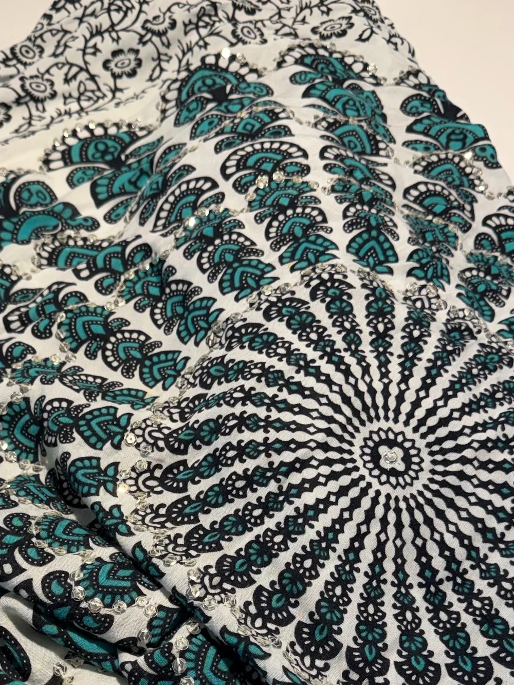 Bohemian Teal Black Mandala oversized scarf with silver sequin detail  tassels